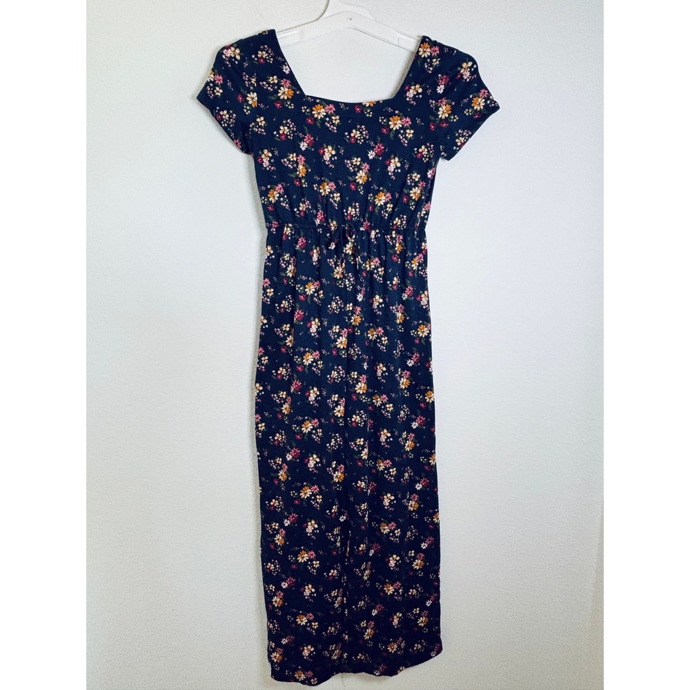 Three Pink Hearts Navy Blue Floral Short Sleeve Wide Leg Jumpsuit Large